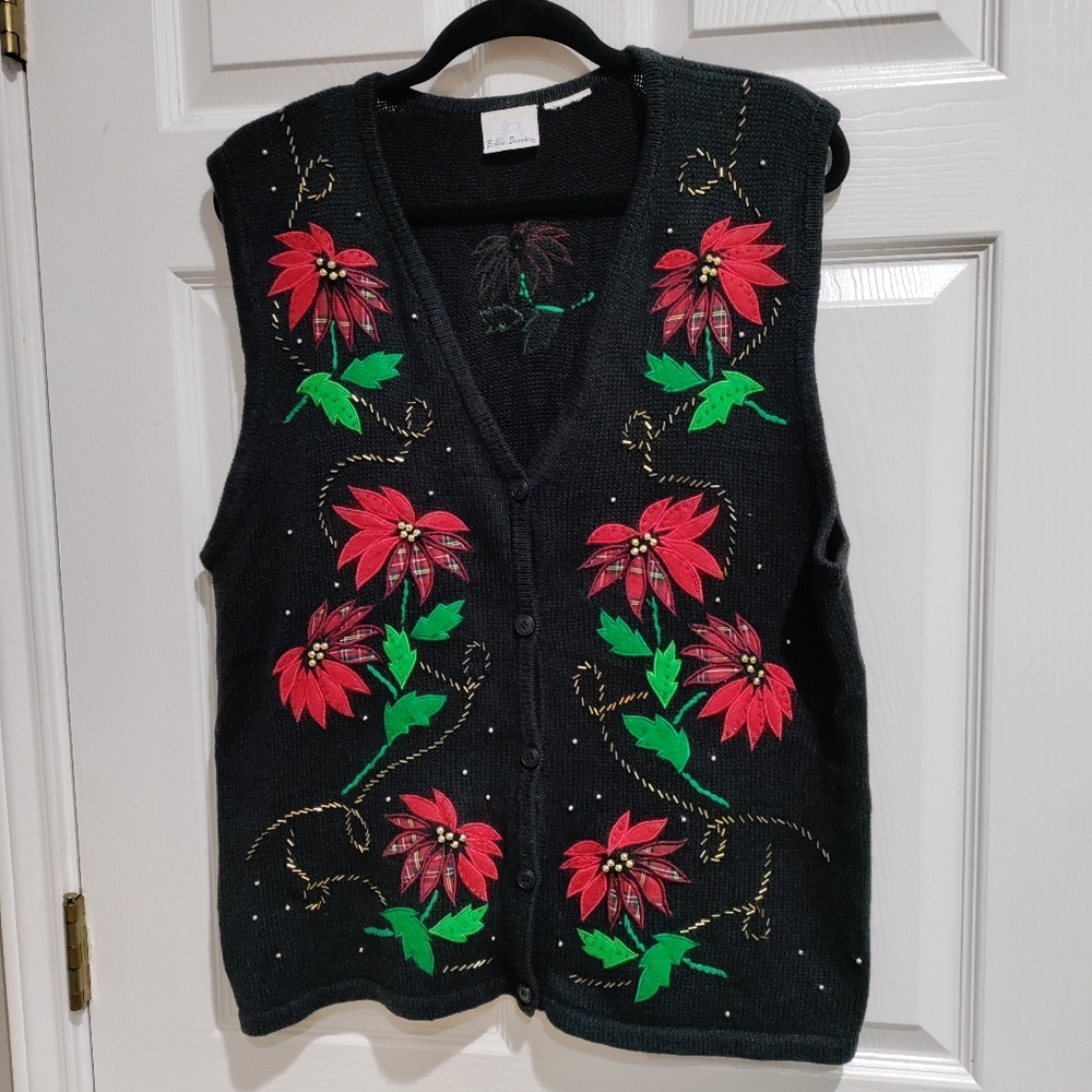 Christmas poinsettia black vest (may fit size Large)
